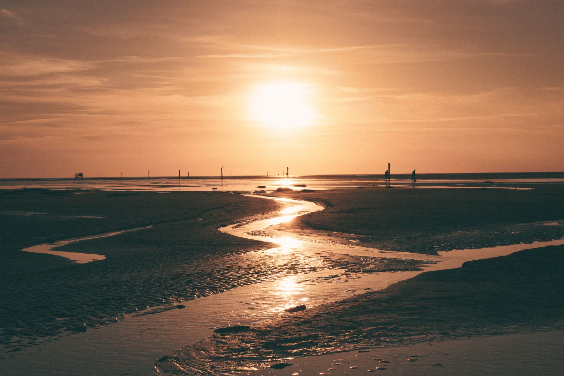 Golden sunset over the tidal flats at Sankt Peter-Ording, creating a tranquil and picturesque scene.