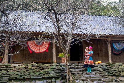 Free A woman holding a child outside a traditional wooden house, surrounded by blooming trees. Stock Photo