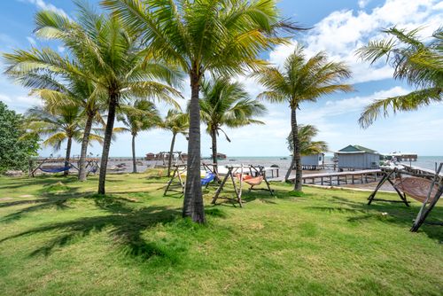 Free Scenic view of a tropical beach resort with palm trees, hammocks, and seaside boardwalk. Stock Photo