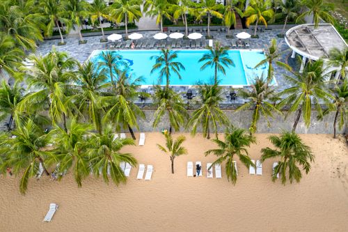 Free Aerial shot of tropical beach resort featuring a swimming pool and lush palm trees by the shore. Stock Photo