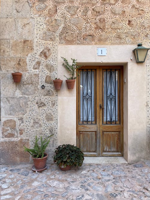 Stone Building Wooden Entrance Door and Potted Plants