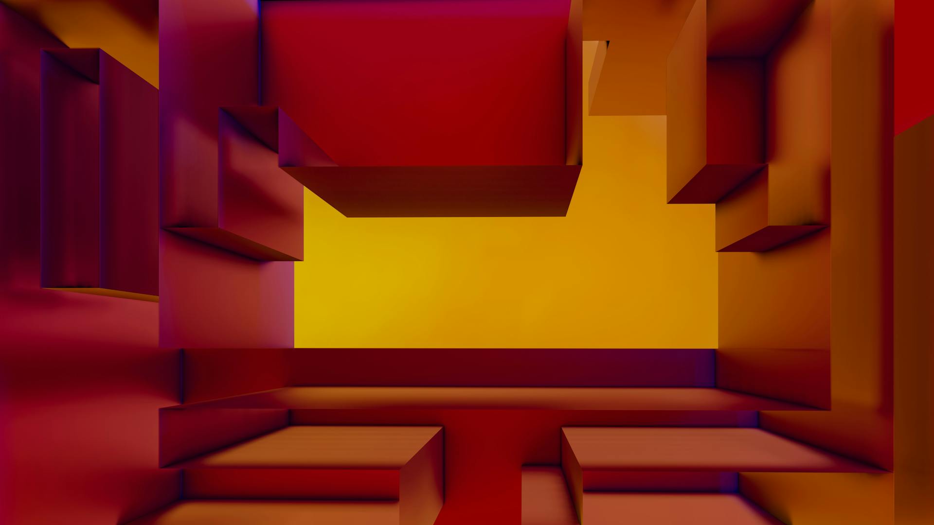 Intricate abstract geometric design in red and yellow with 3D effect creating a maze-like appearance.