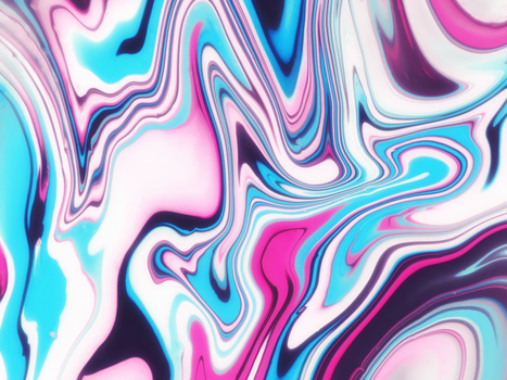 Vibrant swirling abstract artwork in pink, blue, and white with fluid shapes.