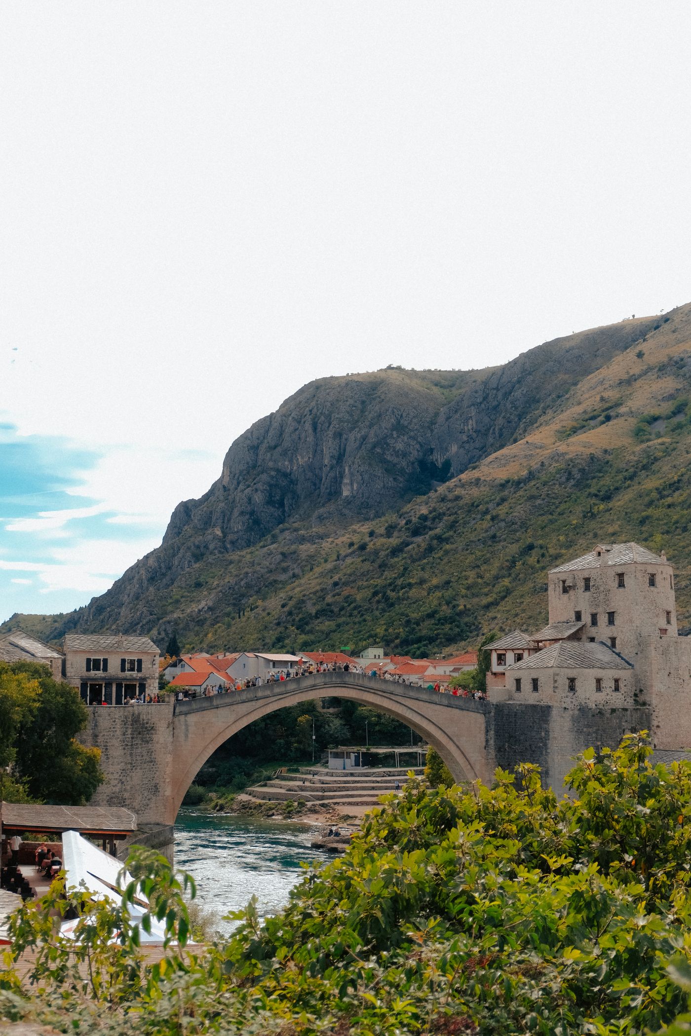 Aerial view of the Stari Most stone arch bridge over the Neretva River in Mostar, Bosnia and Herzegovina