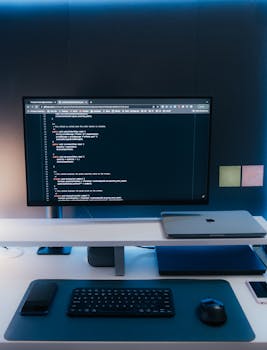 Minimalist home office desk setup with coding on a large monitor, laptop, and gadgets.