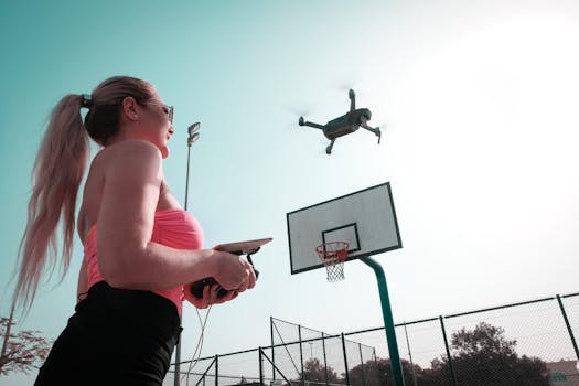 A woman pilots a drone at an outdoor basketball court, enjoying a sunny day with leisure activities.