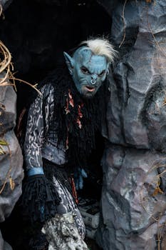 Blue fantasy creature with eerie makeup in a cave, perfect for Halloween concepts.