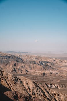 A breathtaking aerial view showcasing a desert mountain range under a clear blue sky.