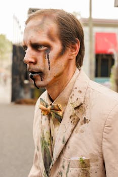 A man in eerie zombie makeup with a dirty suit, perfect for Halloween horror themes.