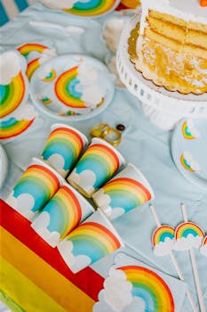 Festive table with rainbow-themed party supplies and cake for a joyful celebration.