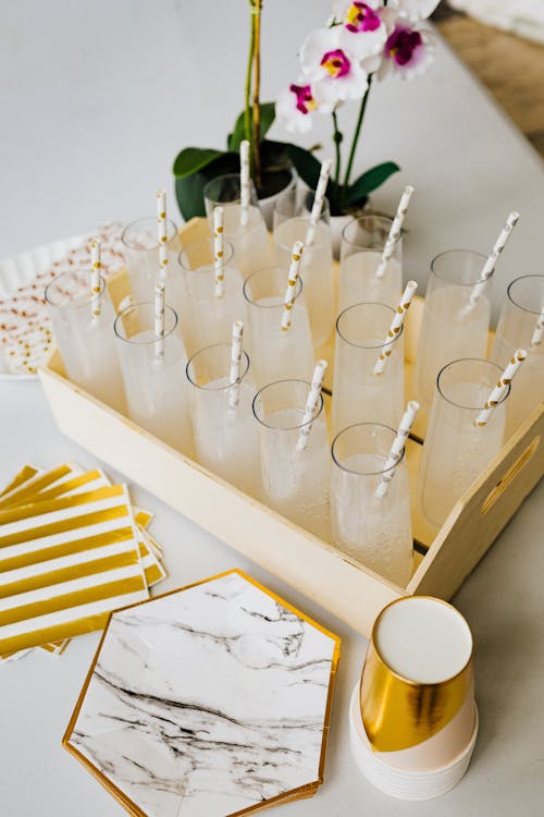 Tray with Drinks in Glasses with Straws 