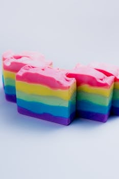 Vibrant rainbow soap bars displayed against a white backdrop, ideal for beauty and lifestyle promotions.