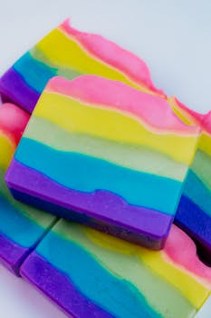 Colorful handmade soap bars with rainbow layers on a white background. Perfect for vibrant bathroom decor.