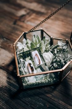 Elegant wedding rings elegantly displayed in a glass box with succulents. Ideal for engagement or wedding themes.