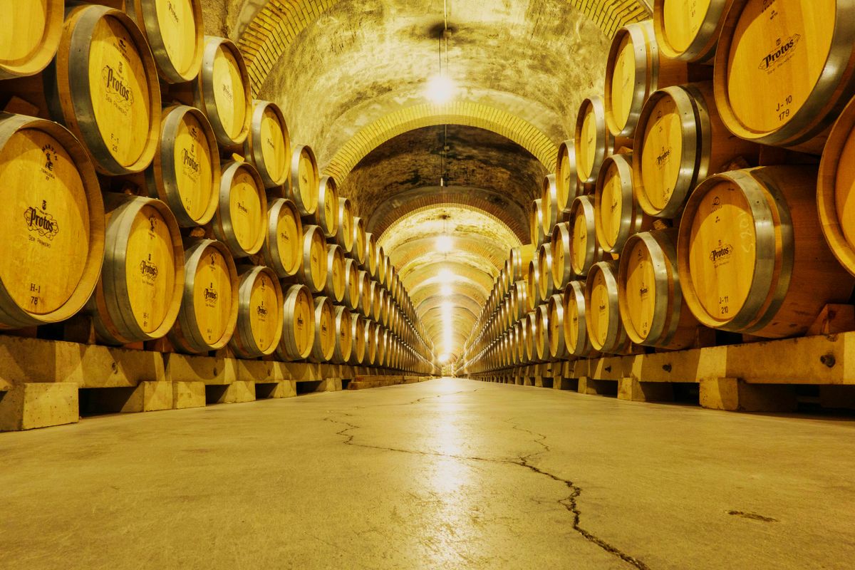 A vaulted Spanish bodega lined with oak barrels