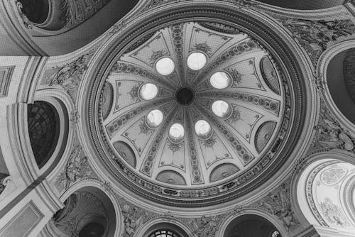 Black and White Photography of Dome Ceiling