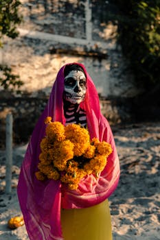 Woman in Día de los Muertos face paint holding marigolds in Acapulco, Mexico.
