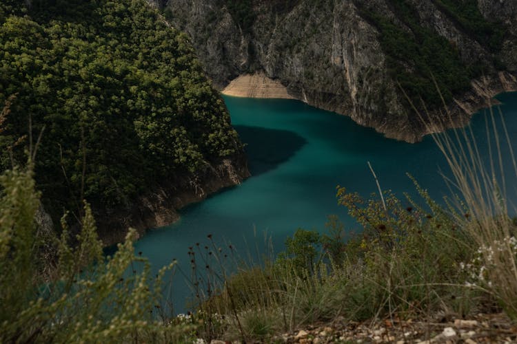 High Angle Shot Of Lake Piva