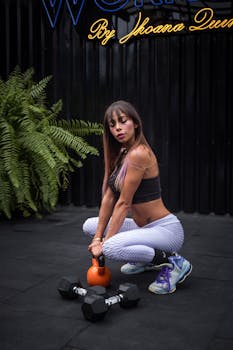 Brunette woman in sportswear working out with kettlebell and dumbbells in gym.