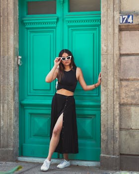 Stylish woman posing against a vibrant green door in Ciudad de México, showcasing fashion and confidence.