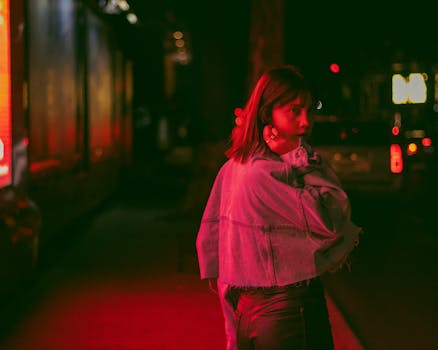 A young woman in a denim jacket walks through a vibrant street at night in Mexico City.