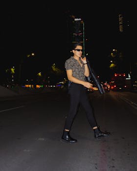 Stylish person walking across a street at night in Mexico City, CDMX, with urban flair.