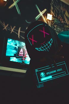 A hacker in a mask uploads a virus from a dimly lit room filled with computer screens.