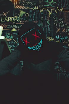 A person wearing a neon mask sits in front of vibrant graffiti art, creating a haunting and tech-inspired atmosphere.