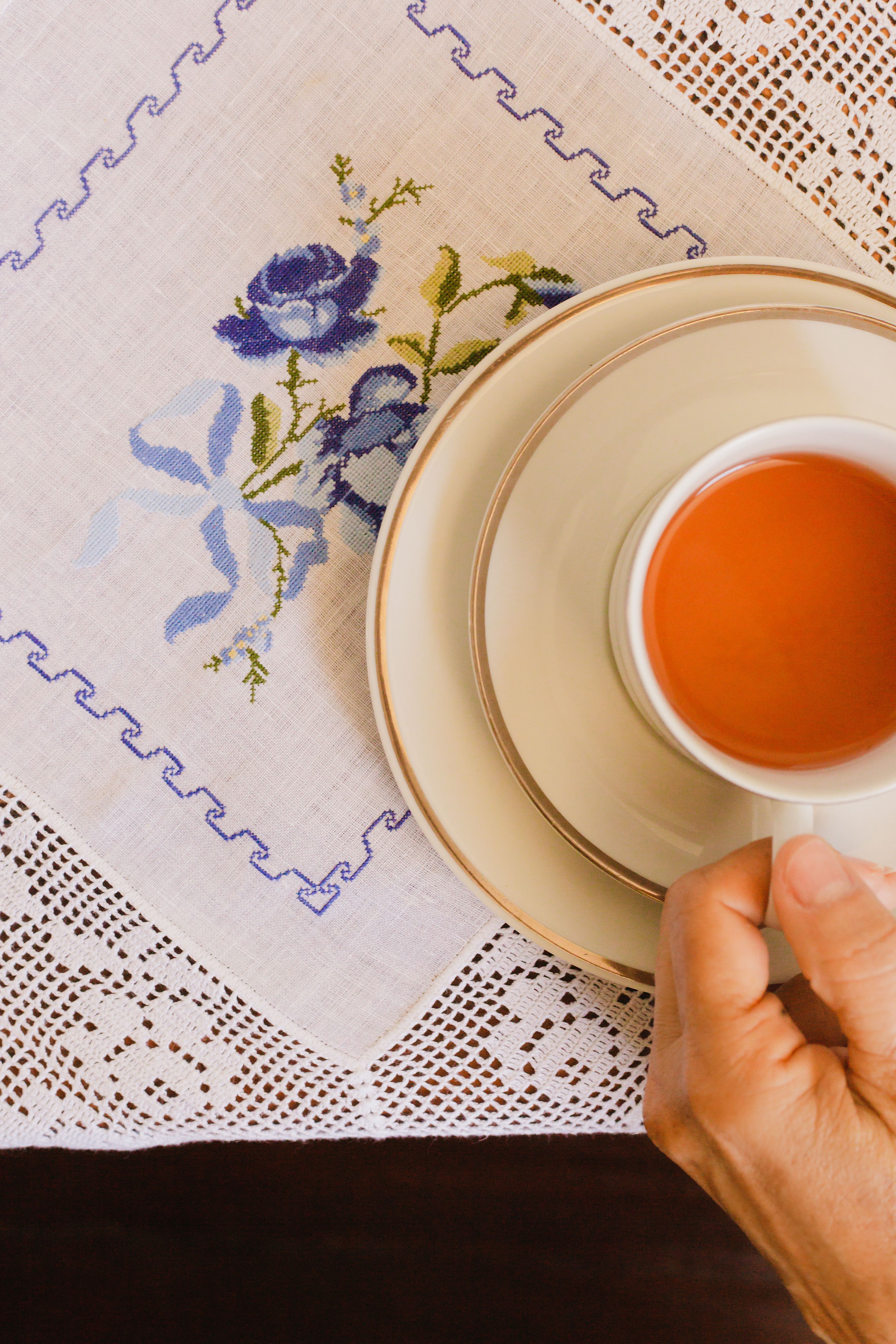 Top view of a hand holding a tea cup on a delicate embroidered tablecloth.