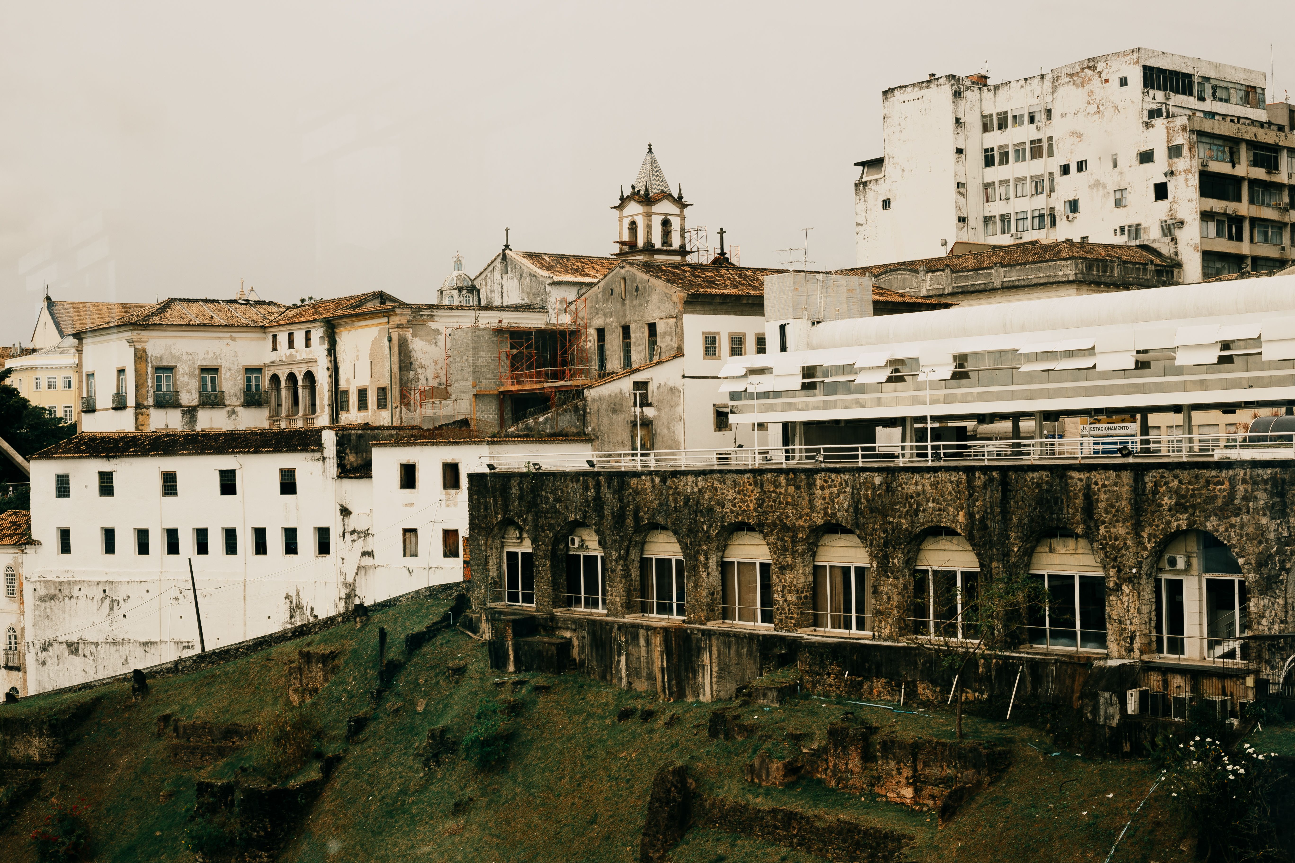 Scenic view of historic buildings and gloomy sky in Salvador, Brazil.