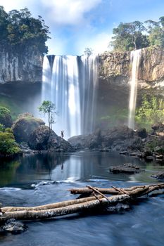 Stunning waterfall cascades into calm pool surrounded by lush greenery.