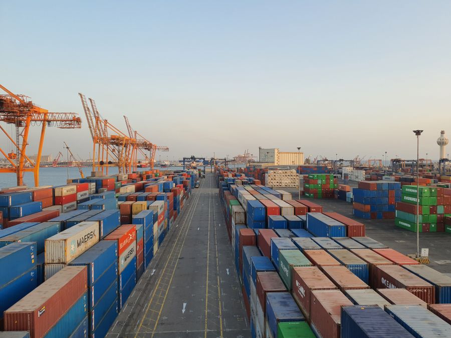 Cargo containers stacked at an export shipping port
