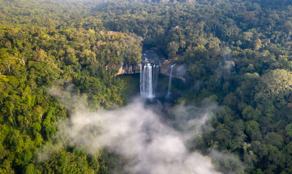 Stunning Victoria Falls Private Guided Tour both sides Zimbabwe and Zambia Review Review 2026 - Captivating birds-eye view of a waterfall in a lush forest amidst misty clouds.