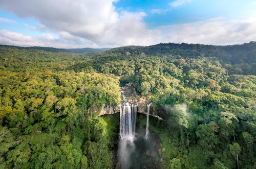 Waterfalls in the Middle of Green Trees Under Blue Sky and White Clouds