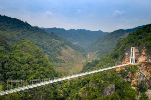 Free A stunning aerial shot capturing a suspension bridge spanning lush green and mountainous terrain. Stock Photo