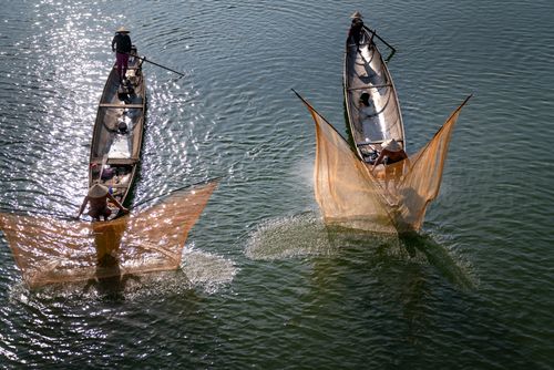 Free High-angle view of fishermen casting nets from boats on a river, showcasing traditional fishing methods. Stock Photo