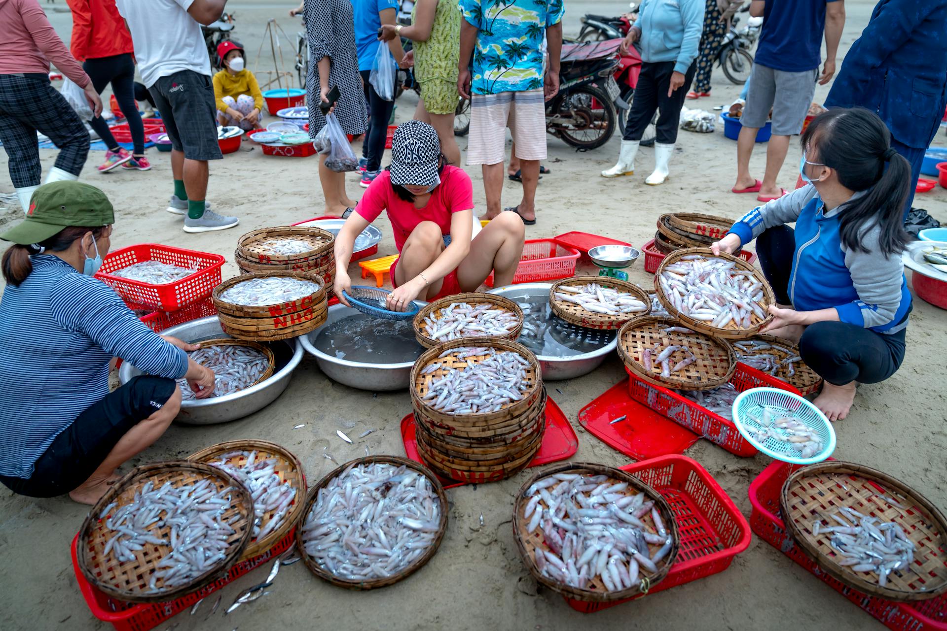 People with Baskets with Fish on Beach