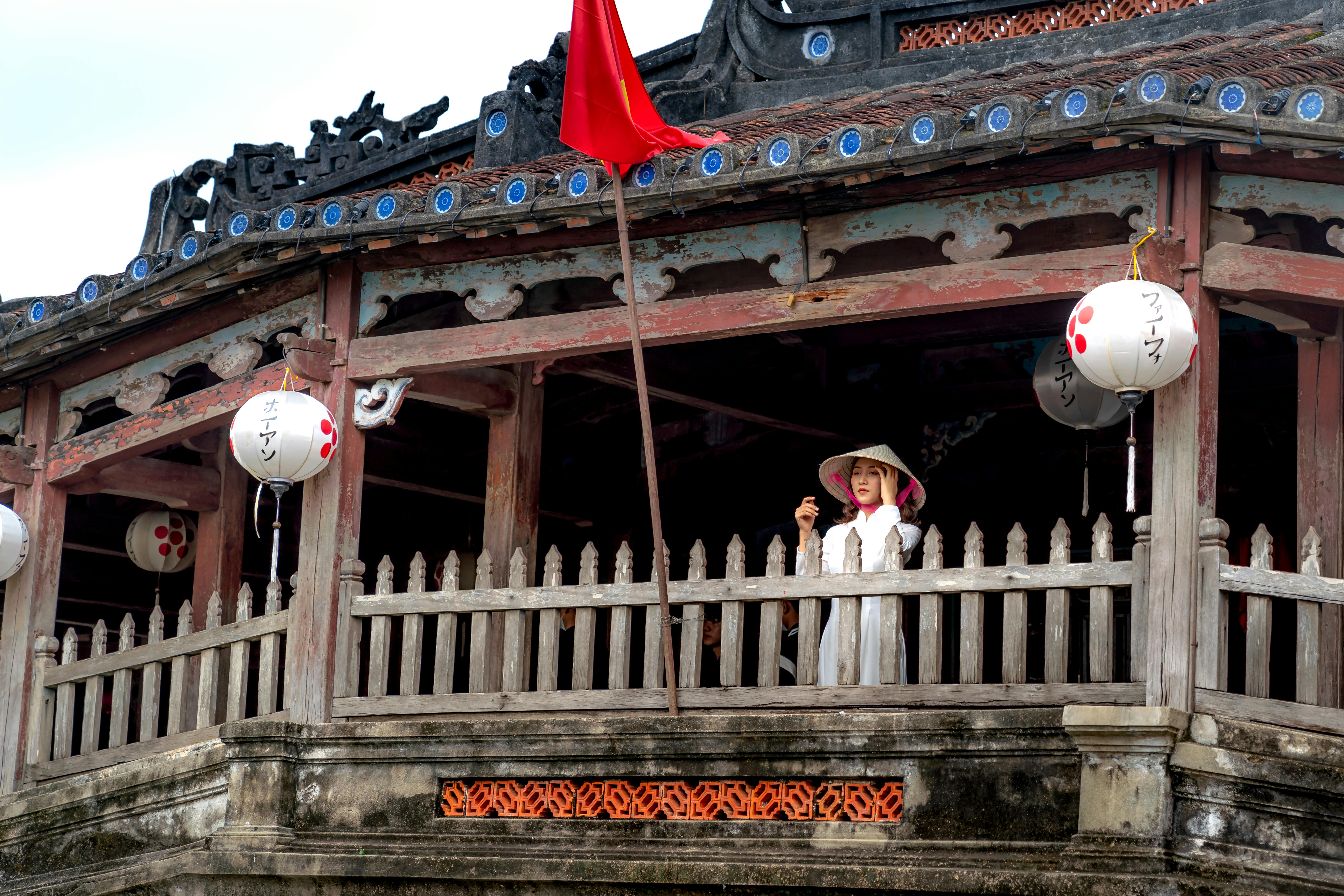 Historic Hoi An Japanese Covered Bridge decorated with lanterns