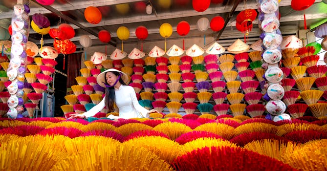 Colorful incense sticks on display with a Vietnamese woman in ao dai and conical hat.