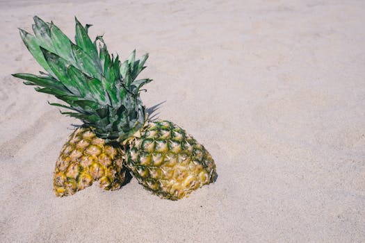 Two fresh pineapples resting on a sunny sandy beach, evoking tropical vibes.