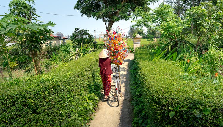 Person Selling Flower Decorations From Bike