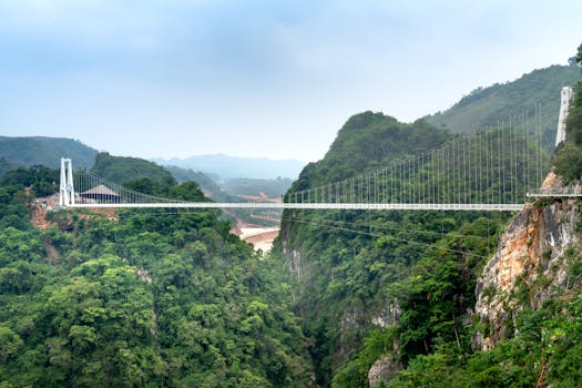 Stunning modern suspension bridge spans a lush green valley with mountainous backdrop.