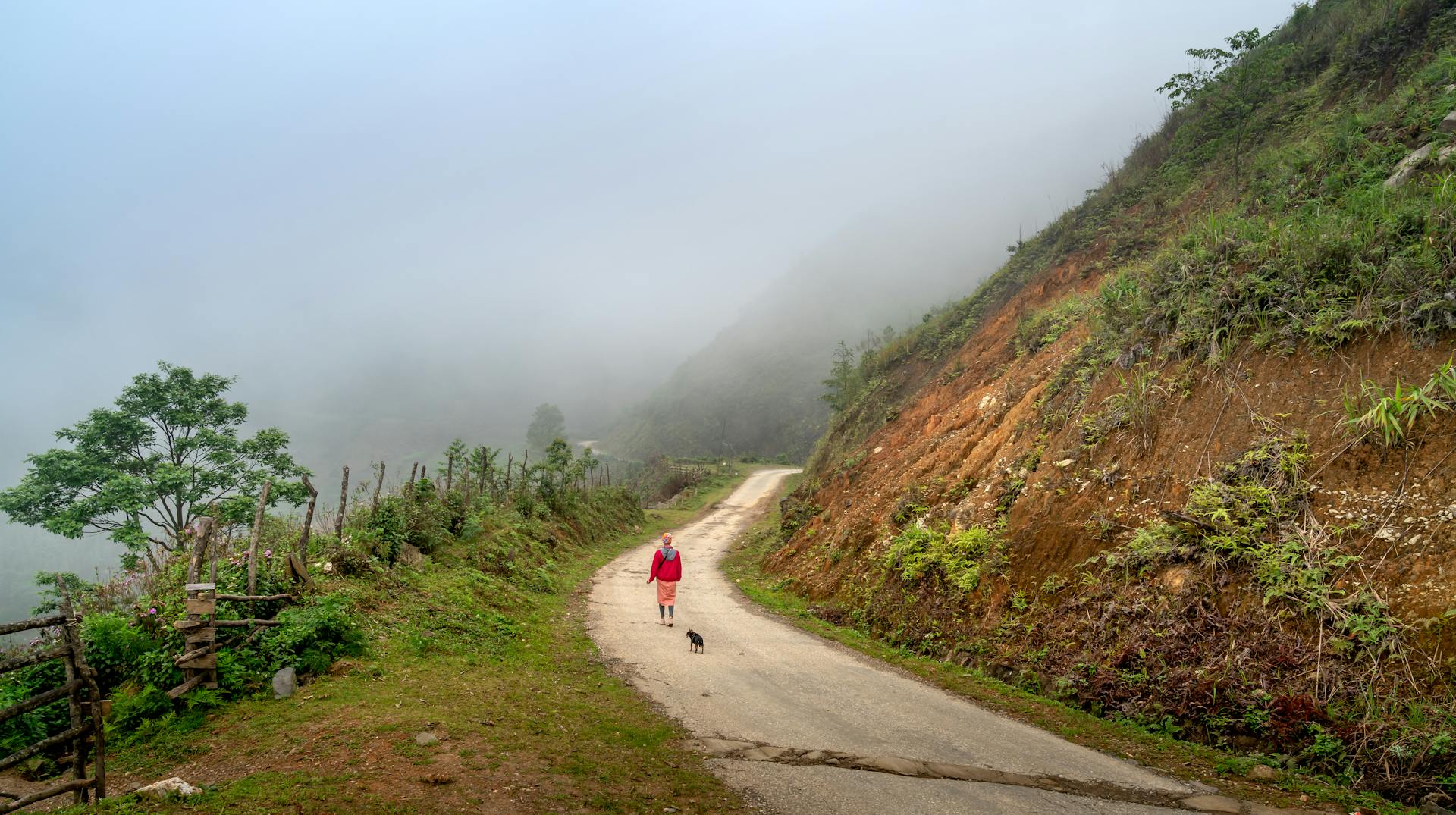 A Woman and a Dog Walking on a Dirt Road Near a Mountain Slope