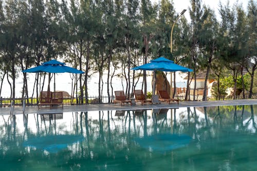 Wooden Pool Chairs under Blue Parasols