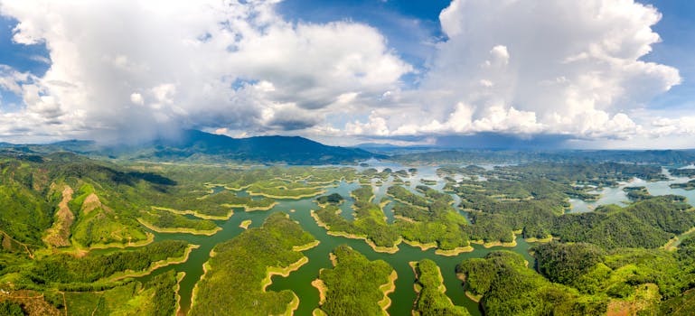 A breathtaking aerial view of Ta Dung National Park, showcasing lush forests and vibrant waterways.