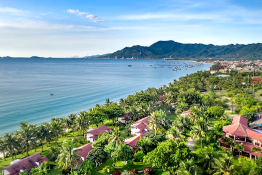 Aerial view of a tropical beach resort with palm trees and ocean waves, under a clear blue sky.