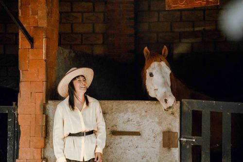 Free A woman in a cowboy hat happily stands by a horse in a rustic stable. Stock Photo