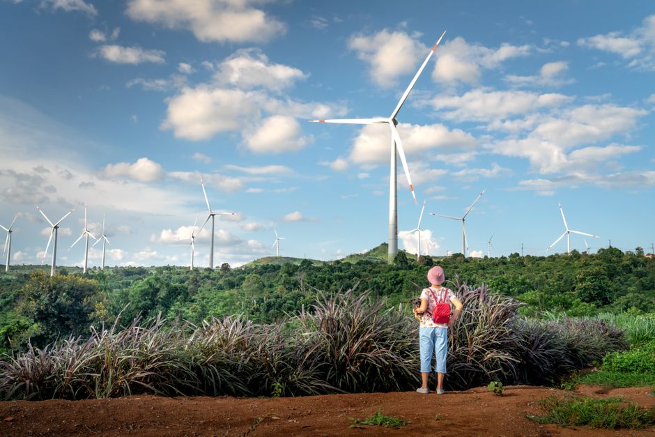 A woman stands in a lush countryside, observing wind turbines under a blue sky, symbolizing renewable energy.