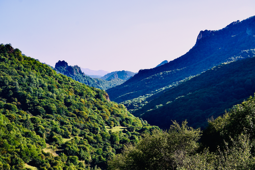 Free Serene view of a lush green valley surrounded by majestic mountains under a clear blue sky. Stock Photo