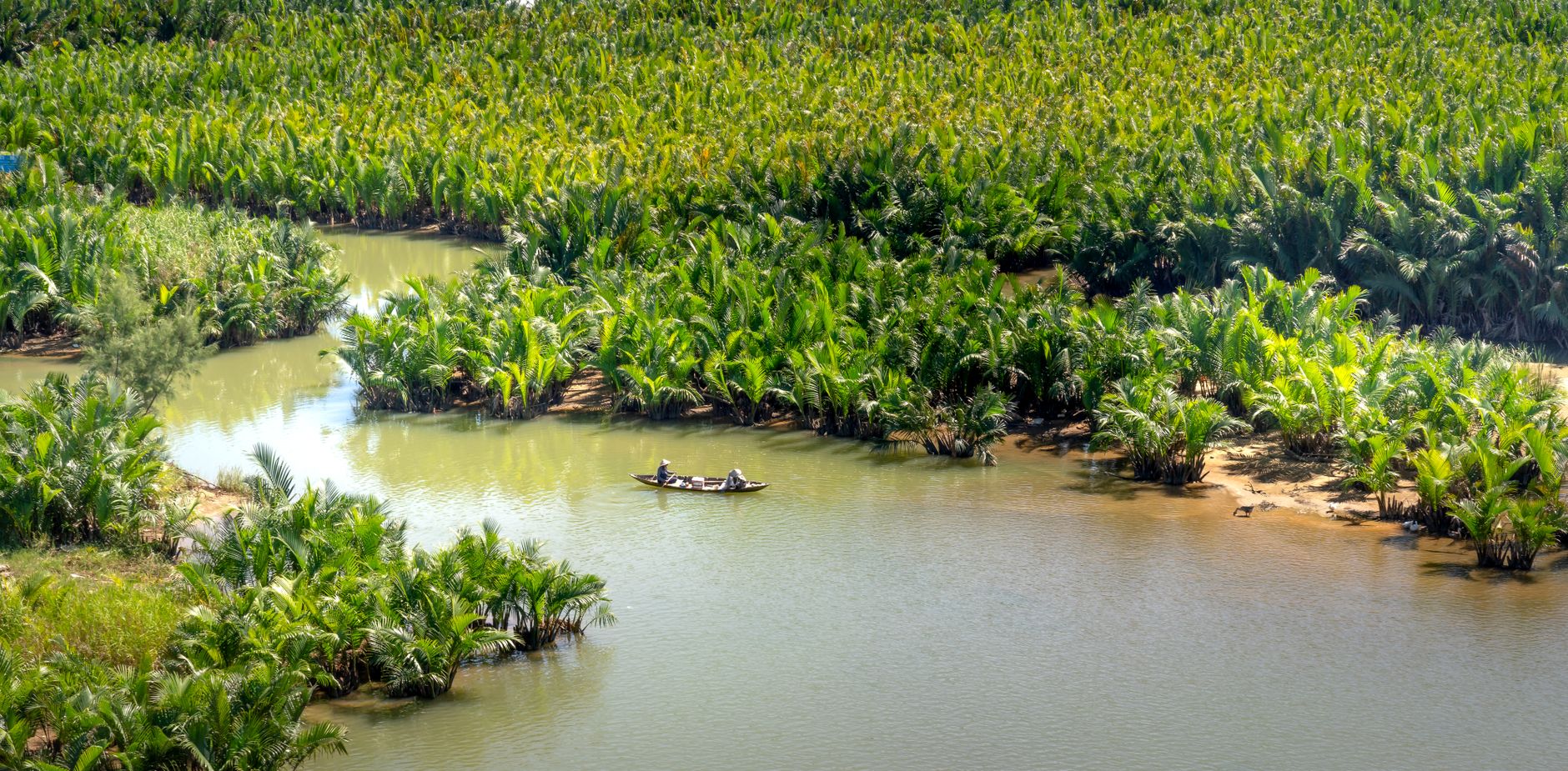 A serene river scene with people rowing a boat amidst lush green vegetation.